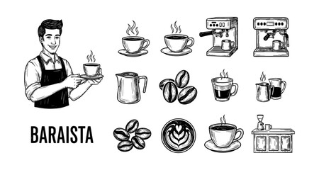 Barista and coffee elements in vintage style with espresso machines and cups
