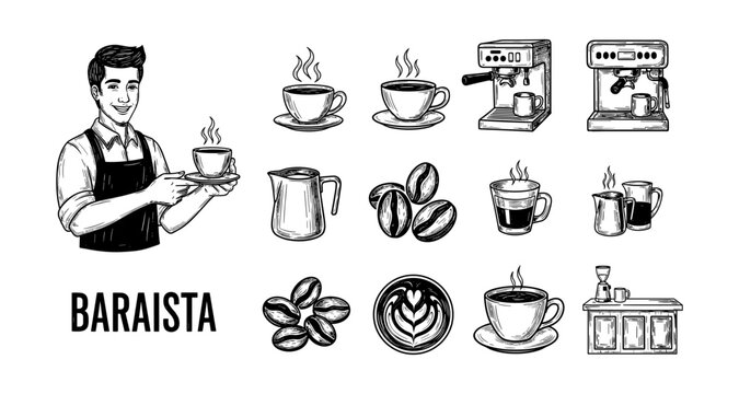 Barista and coffee elements in vintage style with espresso machines and cups