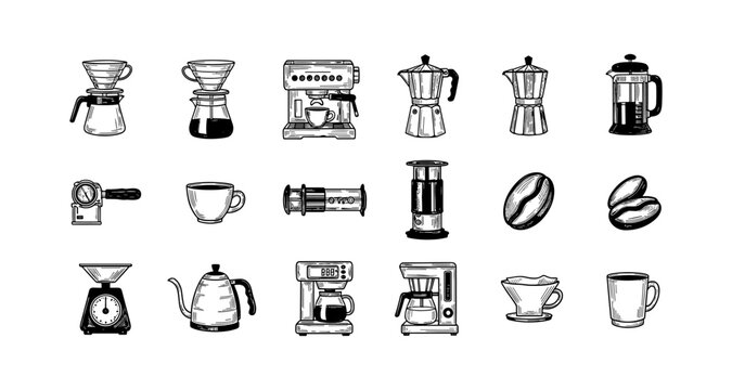 Hand drawn coffee equipment collection featuring various brewing tools and accessories