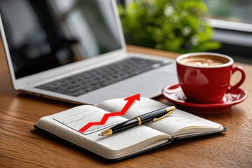 Analyzing business growth with a rising trend graph, laptop, and coffee cup.