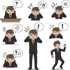 Create a kinds of deferent simple vector illustration of a young businessman worried about a speech bubble and holding his head vector art with white background..