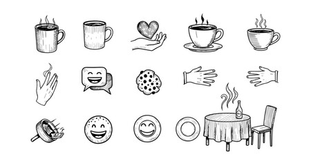 Hand drawn coffee and food elements collection for creative designs