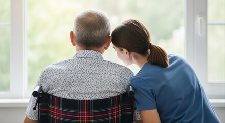 young caregiver woman comforting elderly man in wheelchair by sunny window indoors