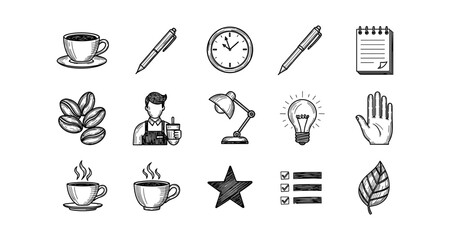 Hand drawn office and coffee elements set: pens, clock, light bulb, coffee bean, barista, checklist