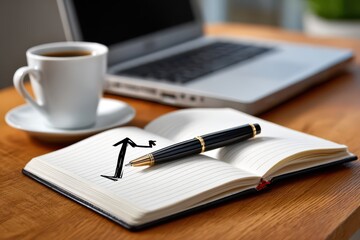 Business desk with notebook, pen, graph, coffee, and laptop for growth.