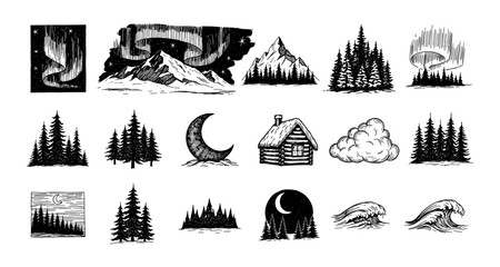 Rustic forest scenes with northern lights and mountains in linear black and white art