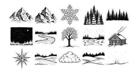 Obraz premium Hand-drawn winter nature with mountains, trees, and cabin in black and white