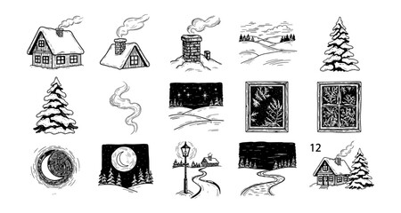 Vintage winter scene with houses, chimneys, and snowy landscapes in hand-drawn style