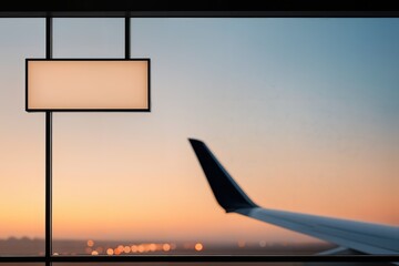 Sunrise Silhouette of Airplane Winglet Through Airport Window Offering Calm Morning Atmosphere and Golden Light for Travelers and Aviators