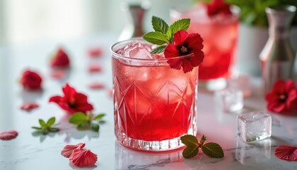 Red alcoholic drink in crystal glasses. Cold sweet beverage decorated with red hibiscus flower and mint leaf. Refreshing cocktail with ice cubes on table. Summertime refreshment at the bar.