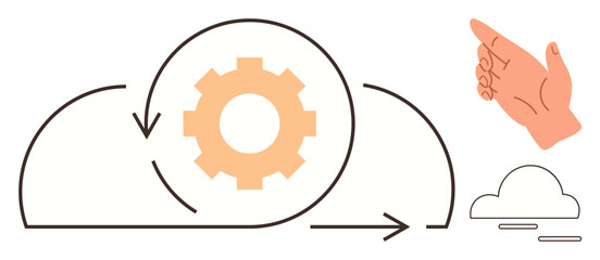 Gear in circular arrow within cloud represents automation and cloud processes. Hand gesture adds human interaction. Ideal for workflow, technology, SaaS, optimization, scalability. Minimalist flat
