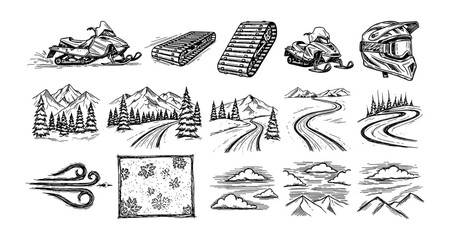 Hand drawn snowmobiling elements: snowmobile, helmet, tracks, winter landscapes, and scenic trails