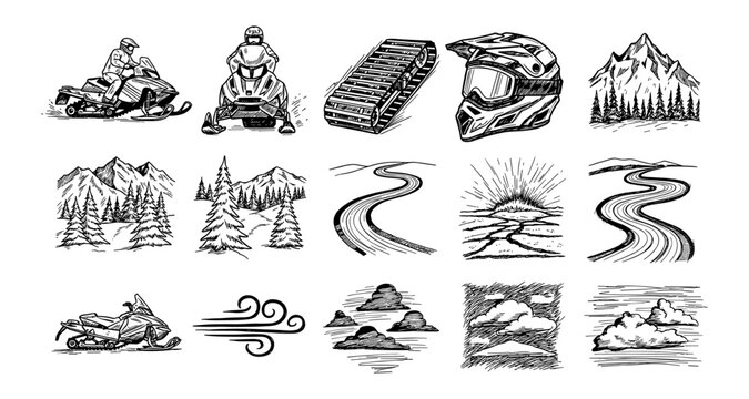 Winter adventure elements: snowmobile, helmet, mountains, and trails