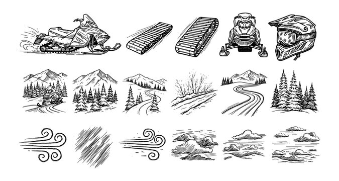 Snow adventure icons and winter sports elements collection