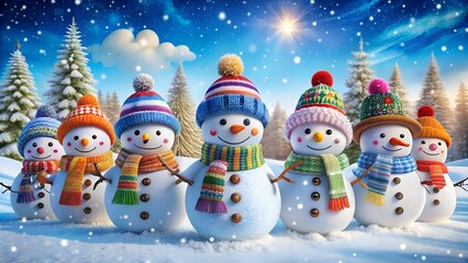 A charming group of happy snowmen wearing colorful knitted hats and scarves stand together in a snowy forest during a magical winter snowfall with twinkling lights