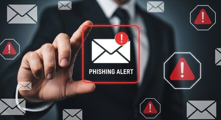 Businessman touching an email icon with a phishing alert in a modern business security environment