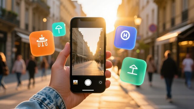 A hand holding a smartphone showing AR map with colorful floating icons for city spots in golden sunlight, augmented reality travel apps, AR city games & scavenger hunts