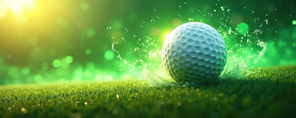 Golf ball impacts rich green grass creating powerful water splashes around with vibrant glowing light effects. Futuristic abstract design shows dynamic energy, speed, bright sun flare. Digital