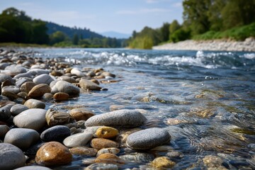 Clear river water flowing gently over smooth, sunlit pebbles on a bright day.