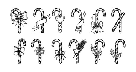 Festive candy cane collection with decorative elements in black and white