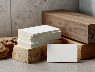 Stack of blank cards on wood blocks against a textured gray surface and wall