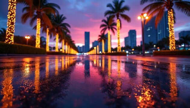 Vibrant Miami city street glows at night. Palm trees adorned with golden string lights line wet road. Pink, purple sky reflects on puddles, showing tall modern buildings. Urban scene creates festive, - Powered by Adobe