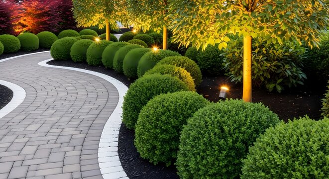 Elegant landscaped garden with curved paved pathway and neatly trimmed spherical bushes illuminated by warm outdoor lighting during evening
