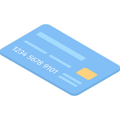 Blue Isometric Credit Card With Gold Chip And White Numbers On A Transparent Background