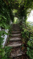 Obraz premium Stone staircase ascending under a leafy archway