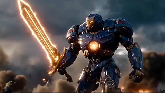 Giant robot with glowing sword amid storm clouds