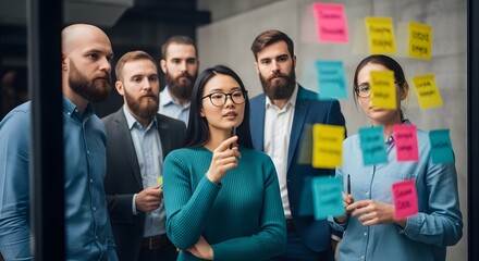Creative business professionals engaged in a dynamic brainstorming session, strategizing new project concepts with colorful sticky notes on a transparent wall, fostering teamwork and innovation