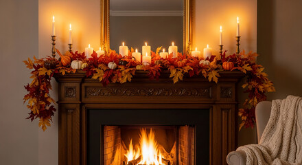 Warm fireplace scene with burning logs, candles, and autumn foliage, reflecting cozy atmosphere and seasonal home decor, ideal for relaxation