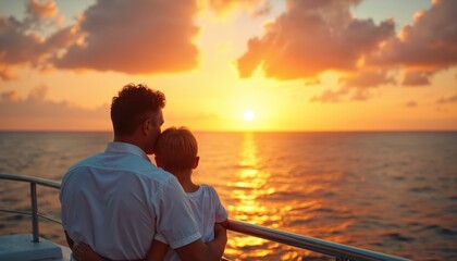 Fototapeta premium Father hugs son watching bright sun setting over ocean waves from cruise ship deck. Warm sky, golden light reflects on sea surface. Peaceful family moment, travel vacation.