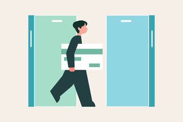 Financial app concept illustration with businessman holding a credit card, Minimal flat vector illustration of a man walking while holding a large credit card.
