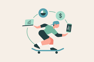 Flat minimal vector illustration of a young man riding a skateboard while managing his finances through a smartphone and laptop. Represents modern digital lifestyle, online banking, investment apps.