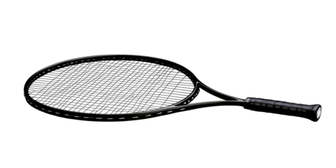 Black tennis racquet with white background, cut out transparent