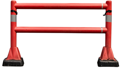 Red metal safety barrier with reflective stripes, cut out transparent