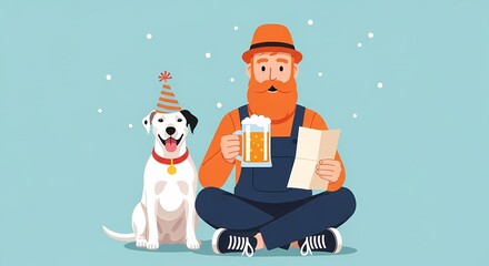 Happy Man with Beard Enjoys Beer and Dog at Party