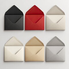 Assortment of open, colorful envelopes arranged neatly in two rows against a simple, neutral background