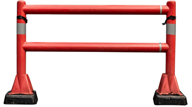 Red metal safety barrier with reflective stripes, cut out transparent