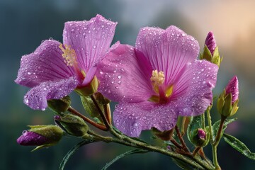 Stunning pink mallow flowers glistening with morning dew and delicate buds.