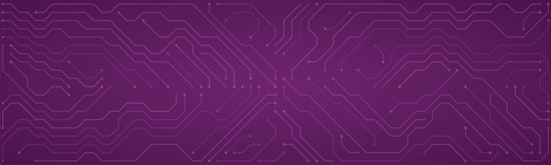 Futuristic digital circuit board design with vibrant purple intersecting lines and nodes on a deep purple background, symbolizing data networks and technological advancement