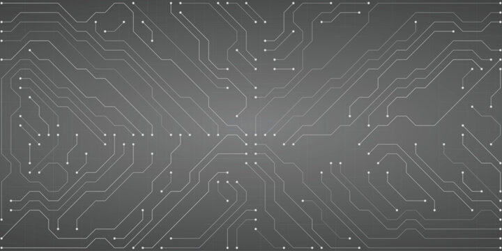 Detailed abstract circuit board graphic with light gray intersecting lines and white nodes on a gradient gray background, representing technology and data flow