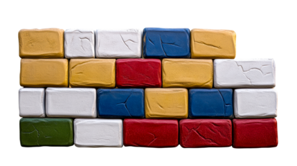 Stacked textured blocks in yellow, red, blue and white, cut out transparent
