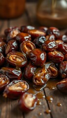 Fototapeta premium Close up of a pile of sweet sticky medjool dates glistening with syrup on a rustic wooden surface