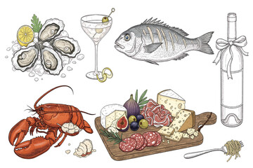 Elegant culinary spread advertisement with food and drink
