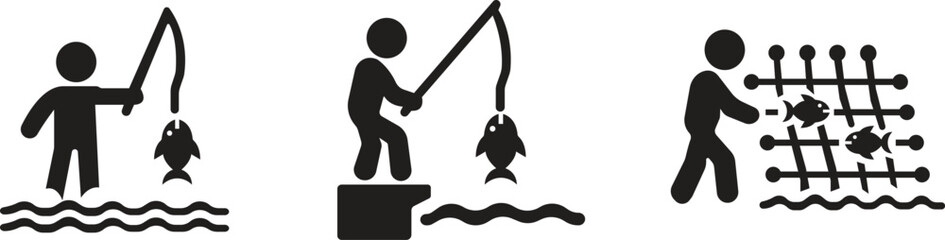 Fishing Icon set. Design elements for logo, label, emblem, sign, badge. Vector illustration. Fisherman, net, hook. Fishery concept. Can be used for topics like catch, hobby, fishing trip.