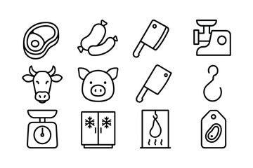 Butchery line art icons: meat processing and tools