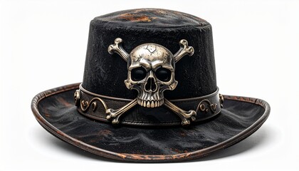 Black leather cowboy-style hat with metallic skull and crossbones emblem distressed texture and gothic decorative elements for editorial fashion photography costume design and rebellious aesthetic-the