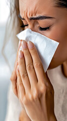 Close-up of a woman with closed eyes holding a white tissue to her nose. Concept of severe cold or flu symptoms and urgent respiratory relief
